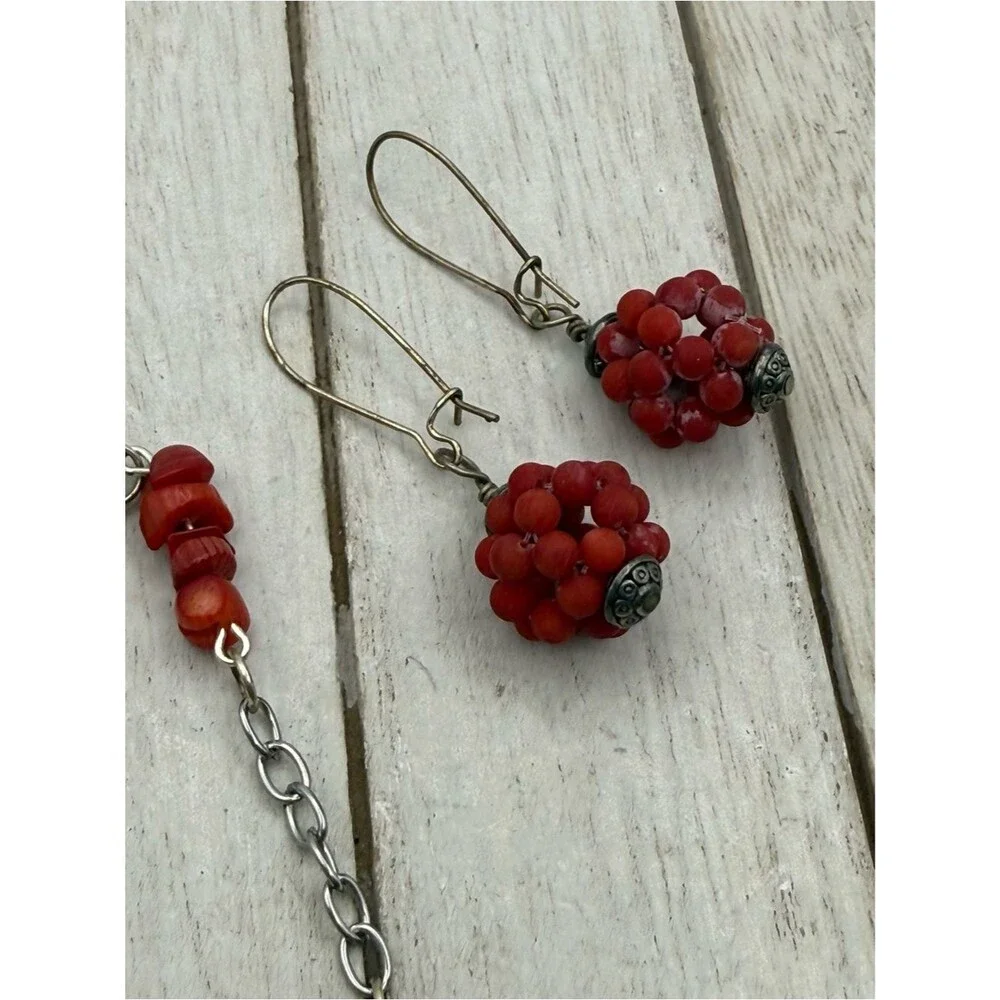 Red coral Bead Cluster Necklace and Earrings Set